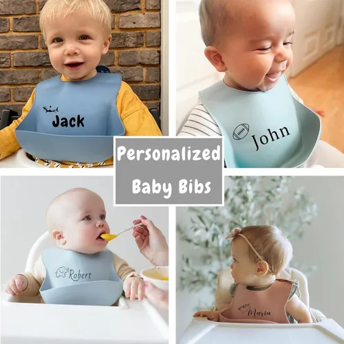 Miniatura 6 de FCQIANKM Juego de baberos de silicona personalizados para bebés, cuchara y tenedor con icono de nombre, baberos personalizados para niños pequeños