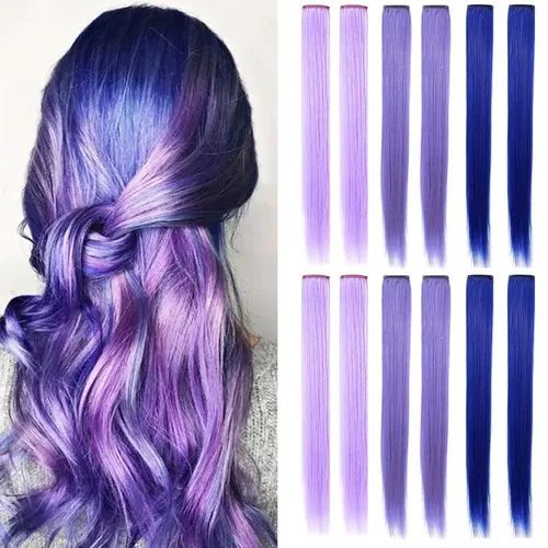 Miniatura 11 de Extensiones de cabello con clip de colores, 8 piezas de cabello sintético liso con reflejos azules y verde azulado