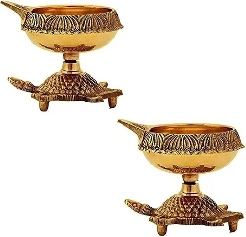 Miniatura 10 de SATVIK - Juego de 4 piezas de tortuga Kuber de latón Lámpara de aceite de latón virgen tradicional hecha a mano con grabado dorado para Puja
