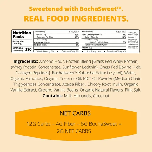 Miniatura 2 de BochaSweet Keto Protein Bar - Barra de vainilla y almendra, 0.71 oz de colágeno alimentado con hierba, baja en carbohidratos, apta para dieta