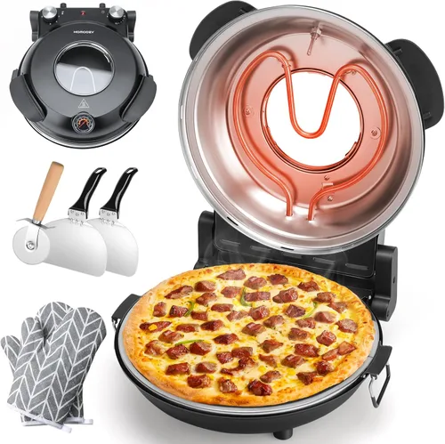 | Horno de pizza eléctrico para interiores con piedra de cerámica esmaltada, horno de pizza portátil de 12 pulgadas con temporizador ajustable, Negro