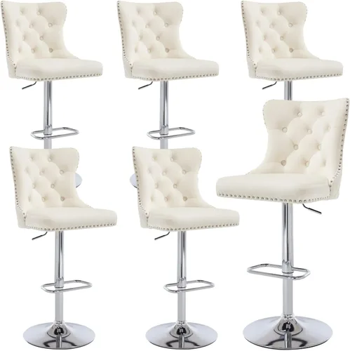 Miniatura 13 de Taburetes de bar negros juego de 2 sillas de cocina giratorias de terciopelo con respaldo alto acolchado, taburetes dorados modernos tapizados