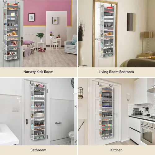 Miniatura 5 de Organizador sobre la puerta, 6 estantes y 12 bolsillos laterales, almacenamiento sobre la puerta para baño, dormitorio, guardería, organizadores