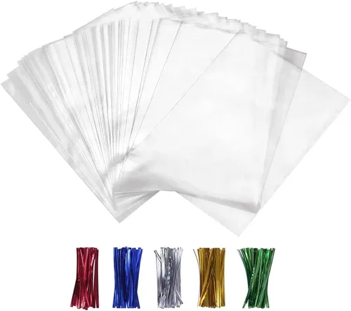 100 bolsas de celofán transparente, bolsas de plástico de 4 x 6 pulgadas con amarres de 4 pulgadas y 5 colores diferentes. Bolsas para regalos de