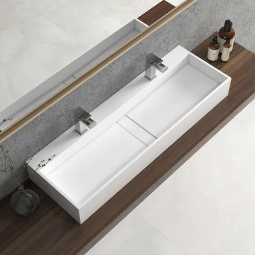 Miniatura 3 de Lavabo doble de resina de piedra para baño de montaje en pared de 47 pulgadas tipo artesa con 2 orificios para grifo (blanco brillante)