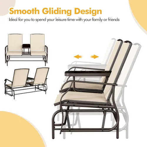 Miniatura 7 de Yaheetech Planeador de 2 asientos para exteriores con mesa central, sofá biplaza mecedora para patio con marco de metal resistente de malla Beige