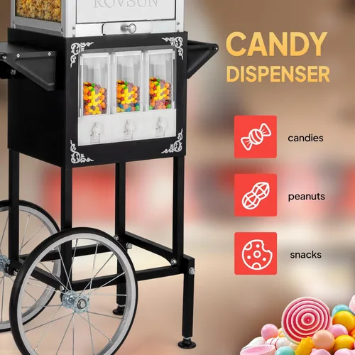 Miniatura 3 de Máquina de palomitas de maíz ROVSUN con carro, ruedas y hervidor de 8 onzas, hace hasta 32 tazas, máquina de palomitas con dispensadores de Negro