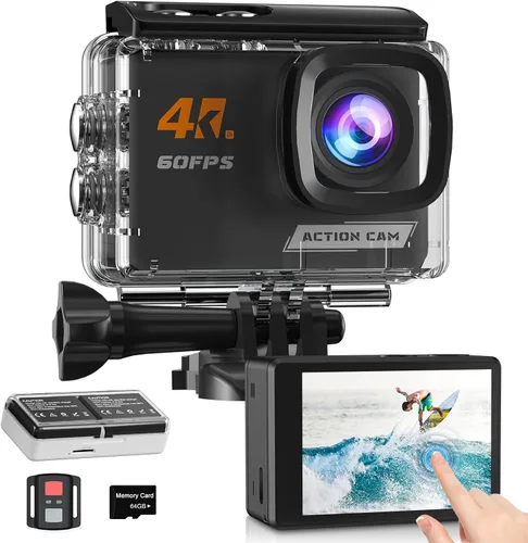 Cámara de acción 4K60FPS con pantalla táctil, cámara subacuática impermeable de 131.2 ft con tarjeta SD de 64 G, cámara de estabilización de 6 ejes
