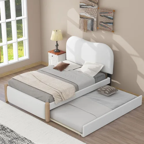 Miniatura 20 de SOFTSEA Cama de plataforma de tamaño matrimonial con nido, cama matrimonial tapizada con cabecero curvado para niños, adolescentes, invitados, tela