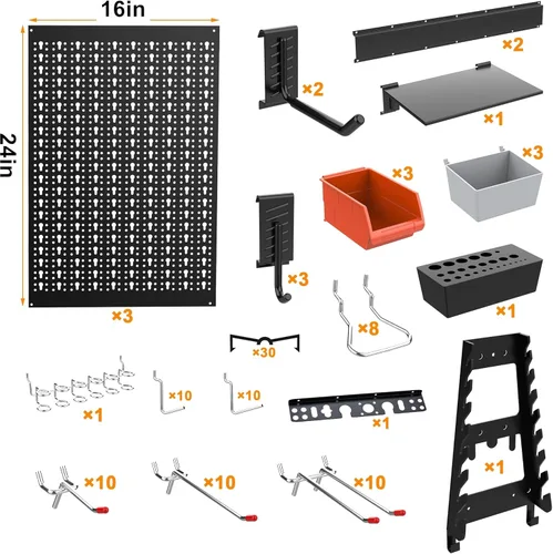 Miniatura 4 de TORACK Sistema organizador de pared de metal para garaje, 109 piezas de accesorios de tablero de clavijas, kit organizador de herramientas con cubos