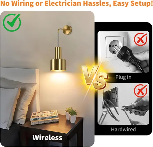 Miniatura 3 de VerRon Juego de dos apliques de pared recargables con batería, luces doradas inalámbricas con batería con bombillas desmontables y control remoto