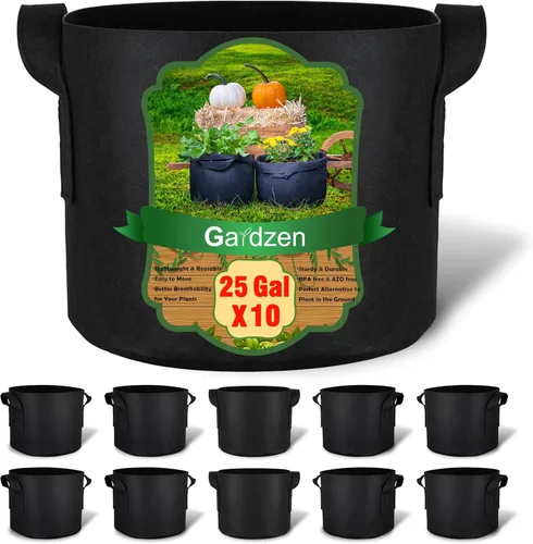 Gardzen - Paquete de 10 bolsas de cultivo de 25 galones. Macetas de tela de aireación de 10.58 onzas (300 g) con asas, macetas de tela resistentes