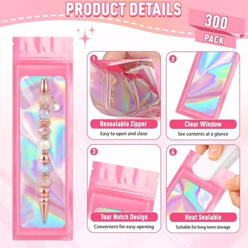 Miniatura 4 de ANZNKU Paquete de 300 bolsas multicolor para bolígrafos, bolsas holográficas de Mylar con ventana transparente, bolsas de embalaje a prueba