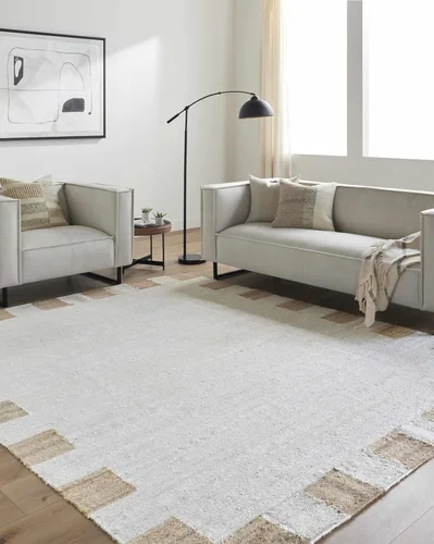 Hauteloom Aphrodite JModern - Alfombra tejida a mano de yute de fibra natural, alfombra geométrica contemporánea a cuadros para sala de estar, Crema