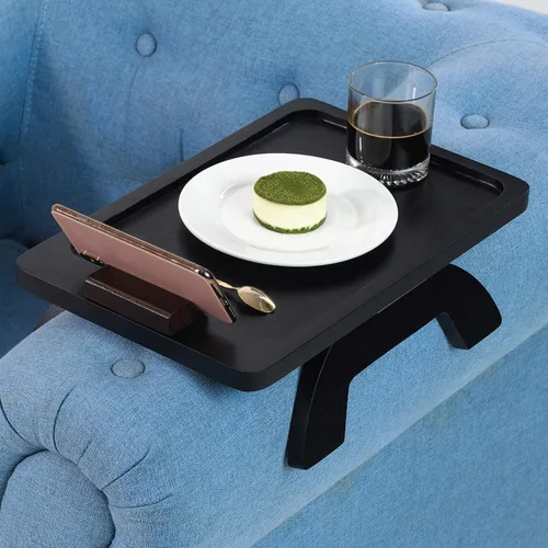 Miniatura 10 de BLUEWEST Bandeja para reposabrazos de sofá, mesa bandeja de madera de acacia que se engancha al brazo del sofá con soporte giratorio de 360°