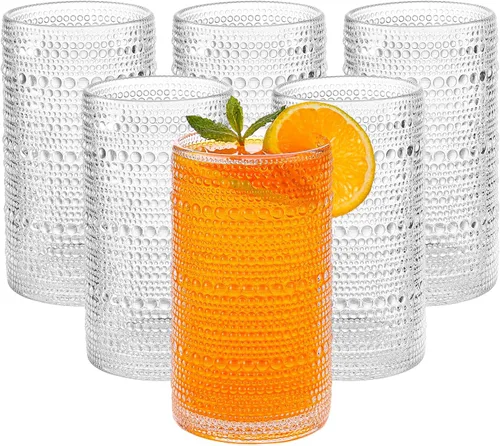 Juego de 6 vasos de vidrio vintage grandes con nudos de 16 onzas / 473.18 ml, vasos transparentes de alta copa, vasos de agua de cocina, para Juego
