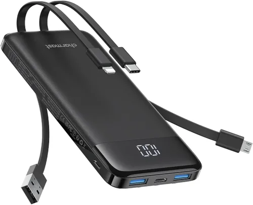 Charmast Cargador portátil con cables incorporados, batería externa delgada de 10,000 mAh, cargador externo de alta velocidad con puerto USB C de