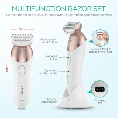 Miniatura 6 de VOYOR Maquinillas de afeitar eléctricas para mujer, recortadora de bikini 4 en 1, afeitadora de aluminio para mujer, 4 cabezales de repuesto