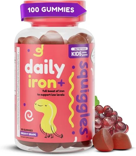 Squiggles Kids Daily Iron+ Gummies - Suplemento masticable con hierro, multivitamínico para niños, bajo en azúcar, vegano, gomitas para niños,