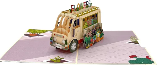 Miniatura 4 de Tarjeta de felicitación emergente con flores florecientes, furgonetas de aventura, vehículo floral, amante de la naturaleza, tema clásico