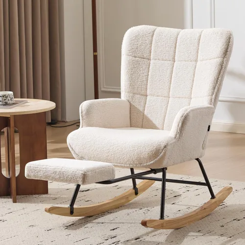 Miniatura 11 de Furniliving - Mecedora tapizada para cuarto de bebé, silla deslizante, mecedora moderna con reposapiés retráctil, silla de lectura con respaldo