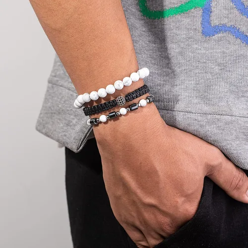 Miniatura 2 de Lynnaneo Juego de pulseras de cuentas para hombre de 0.315 in y 0.157 in de piedras preciosas curativas trenzadas con dije de circonita cúbica