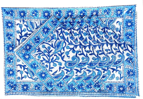 Miniatura 2 de Rastogi Handicrafts Juego de 6 manteles individuales 100 % algodón estilo indio para mesa de comedor y servilletas (azul 1)