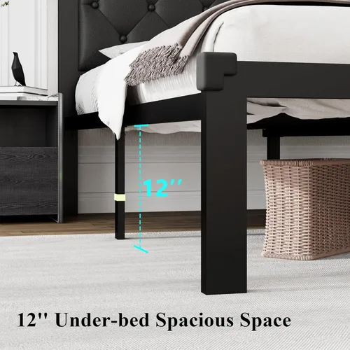 Miniatura 5 de iPormis Marco de cama de metal tamaño Queen, plataforma de piel sintética con cabecera capitoné con botones, espacio debajo de la cama de 12 Negro