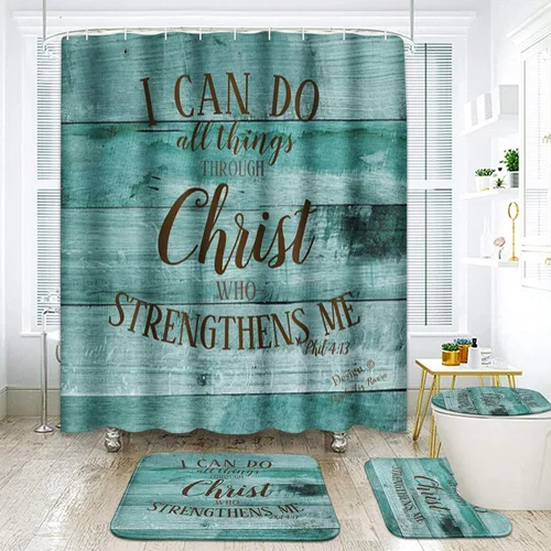 ArtSocket I Can Do All Things - Juego de baño con cortina de ducha y accesorios para alfombras, patrón de madera rústica, cortina de ducha verde,