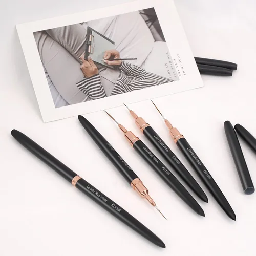 Miniatura 6 de Komall Pinceles Metálicos para Arte de Uñas, Set de 5 Pinceles de Línea, Pincel de Arte de Uñas con Gel UV para Líneas Largas, Detalles Finos, Negro