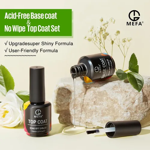 Miniatura 8 de MEFA Juego de 2 piezas de 15 ml de esmalte de uñas de gel, capa superior y base, esmalte de uñas de gel sin necesidad de limpieza, efecto de brillo