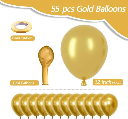 Miniatura 2 de Globos de látex dorados, 55 globos dorados metálicos de 12 pulgadas con 1 cinta para cumpleaños, graduación, baby shower, decoración de fiesta