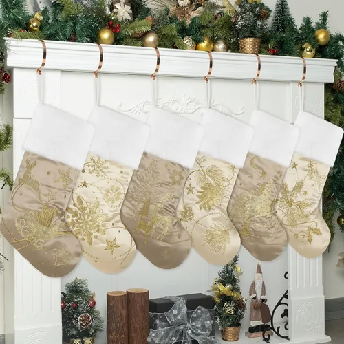 Miniatura 2 de GEX Medias de Navidad Paquete de 6 para Familia 20" Grandes Lentejuelas Doradas de Seda con Suave Piel Sintética Bordada Decoraciones Clásicas