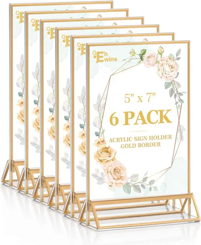 Miniatura 24 de EHWINE Paquete de 12 soportes acrílicos para letreros de 5 x 7 pulgadas, soporte de marco de oro de doble cara, soportes de letreros de mesa