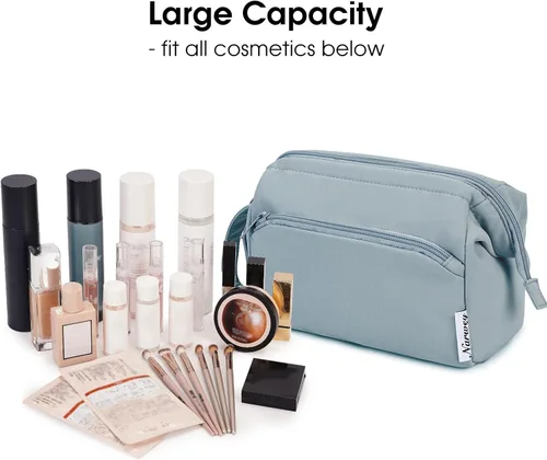 Miniatura 3 de Narwey - Bolsa grande de maquillaje con cremallera de apertura completa, organizador de cosméticos de viaje para mujeres y niñas, Azul grisáceo.
