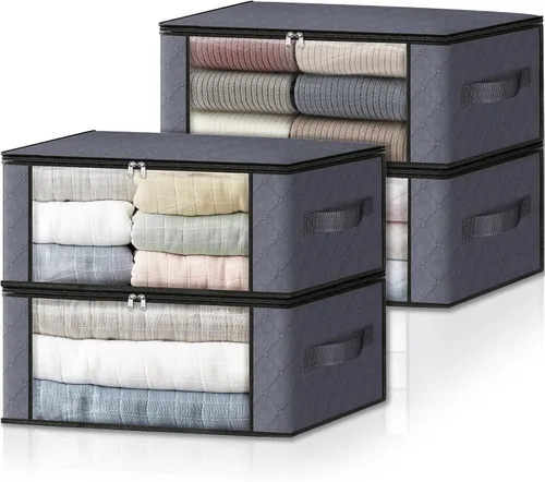 Miniatura 17 de HomeHacks Paquete de 3 bolsas organizadoras de ropa, caja de almacenamiento plegable con gran ventana transparente y asas resistentes para armario