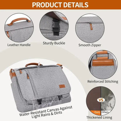 Miniatura 7 de ESTARER Bolsa de mensajero para laptop de 13 a 14 pulgadas, resistente al agua, bolsa de hombro de lona para universidad de negocios, gris