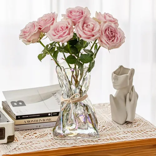 Miniatura 6 de FOWSEEK Florero pequeño de vidrio de 6 pulgadas, floreros transparentes irregulares para centro de mesa de escritorio interior, jarrón decorativo