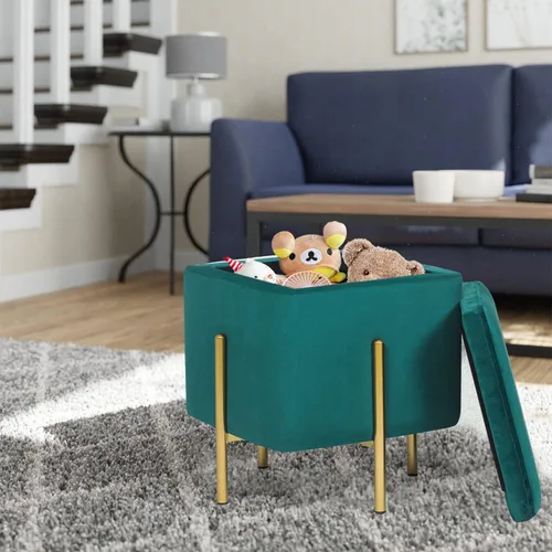 Miniatura 4 de Adeco Otomanas de almacenamiento cuadradas tapizadas, otomanas modernas de terciopelo verde con almacenamiento para sofá