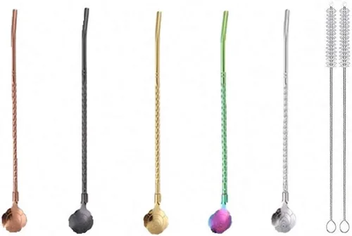 Miniatura 8 de 7 popotes de metal para beber con 2 cepillos de limpieza de 8.5 pulgadas, cuchara de barra reutilizable para café helado, bebida congelada, batidos