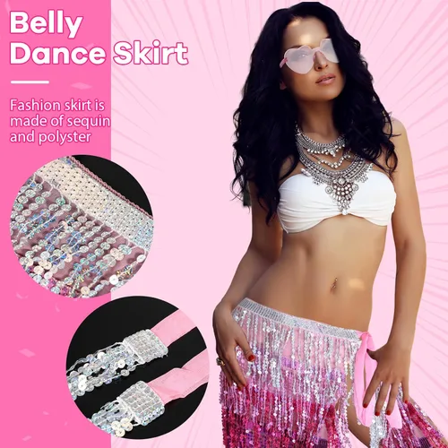Miniatura 4 de Sureio Belly Dance Sequins Skirt for Waist Circumference 31.5 Inch Christmas Sparkly Fringe Skirt Heart Sunglasses for Women