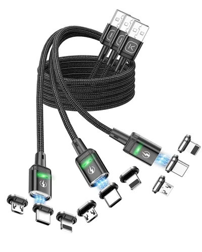 Miniatura 11 de Kuulaa Paquete de 3 cables de carga magnéticos, cable Lightning magnético, cargador de teléfono magnético de 3 A, carga rápida con puntas de carga 3
