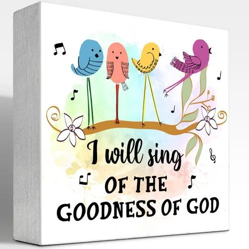 Letrero de madera con versículo bíblico, decoración de escritorio con texto en inglés "I will Sing of the Goodness of Gods" (I will Sing of the
