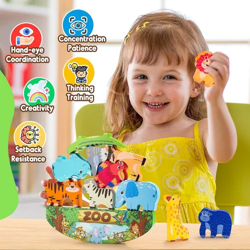 Miniatura 3 de IPOURUP Bloques de Animales de Madera Apilables Juguete para Niños Regalos de Navidad y Cumpleaños para Niño Niña Edad 3-7 Animales Montessori