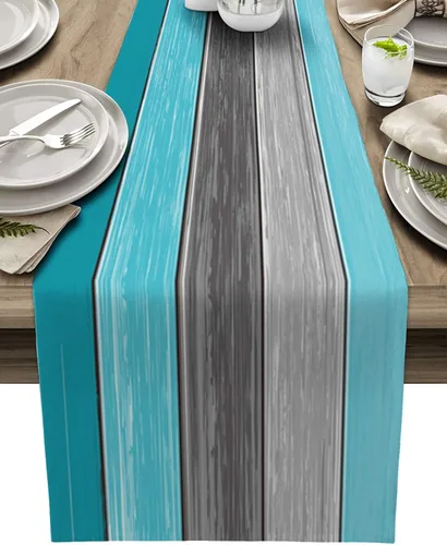 Miniatura 59 de Ocean Hues Farmhouse - Camino de mesa de lino y algodón, estilo retro, con textura de madera de granero rústica, degradado, azul, gris, Azul