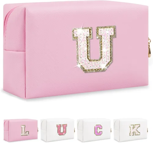 Miniatura 25 de Bolsa de maquillaje con parche de letra inicial personalizada, bolsa de cosméticos de chenilla preppy con letra de chenilla con cremallera, Y