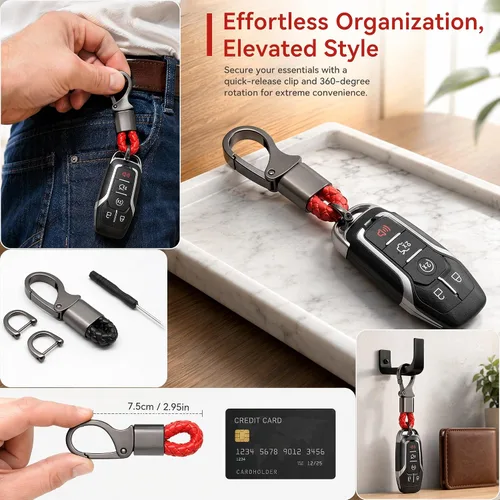 Miniatura 7 de Juego de 3 llaveros de poliuretano de alta calidad (negro y rojo) llavero de metal resistente con anillo en D destornillador de rotación de 360°