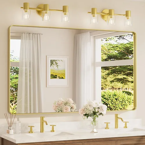 Miniatura 20 de TETOTE Espejo de marco dorado cepillado de 16 x 24 pulgadas, espejo de tocador de baño de latón dorado para pared, espejo enmarcado rectangular