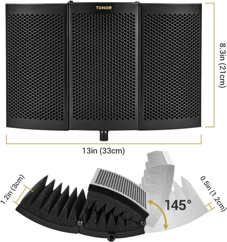 Miniatura 4 de TONOR Escudo de aislamiento de micrófono, reflector de espuma absorbente de sonido para cualquier condensador de micrófono, equipo de grabación
