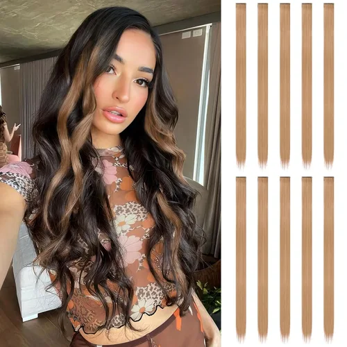 Miniatura 37 de FESHFEN Extensiones de cabello con clip de colores, 16 piezas de 8 colores resaltados, piezas de cabello sintético lacio con clip para mujer, 22